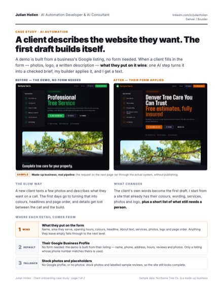 Case study page 1: a demo site before and after the client's form is applied