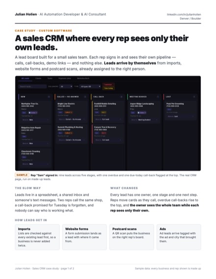 Case study page 1: one rep's lead board with sample leads